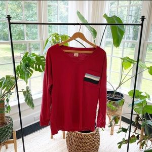 PINK VS Shirt Long Sleeve Red Striped Victoria’s Secret V Neck Logo Love